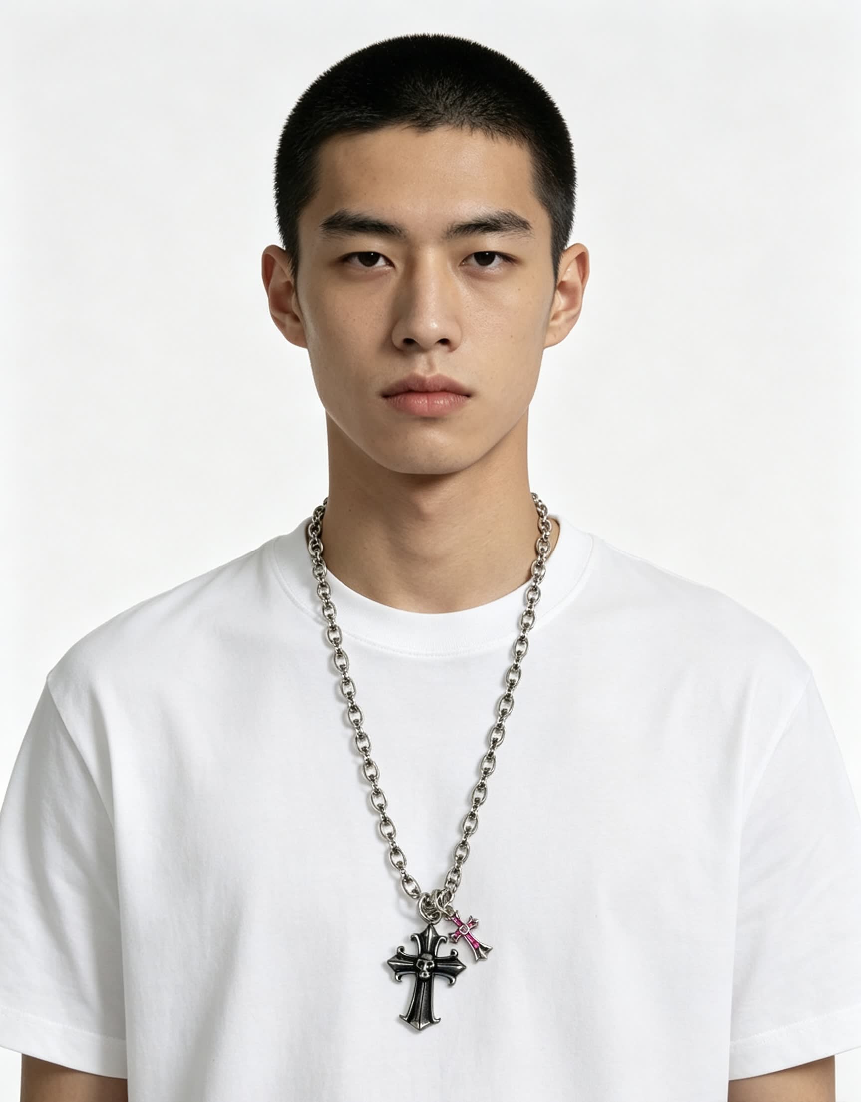 Chrome Hearts Silver Cross Pendant Necklace with Pink Crystal Accents